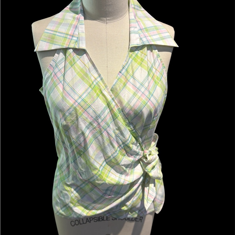 Banana Republic Pastel Green and White Plaid Wrap Halter Top